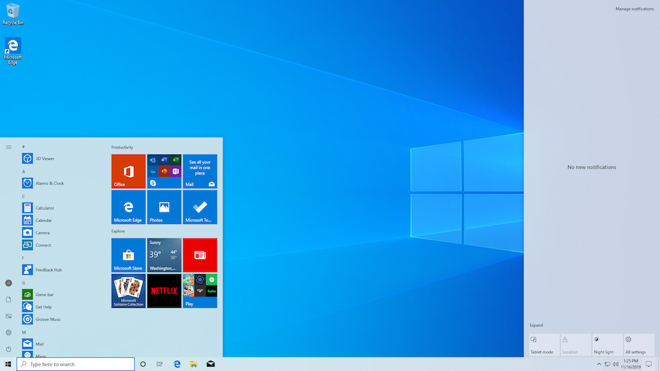 The default desktop interface of Windows 10, version 1909 (November 2019 Update).